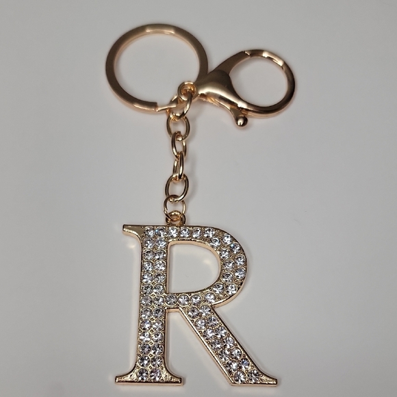 Letter R Initial R Alphabet R Rhinestone Gold Key Chain Bag Charm - Picture 7 of 7